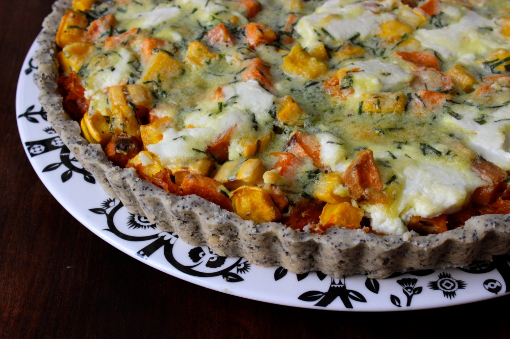 Goat Cheese and Autumn Vegetable Tart with a Gluten-Free Poppy Seed Crust